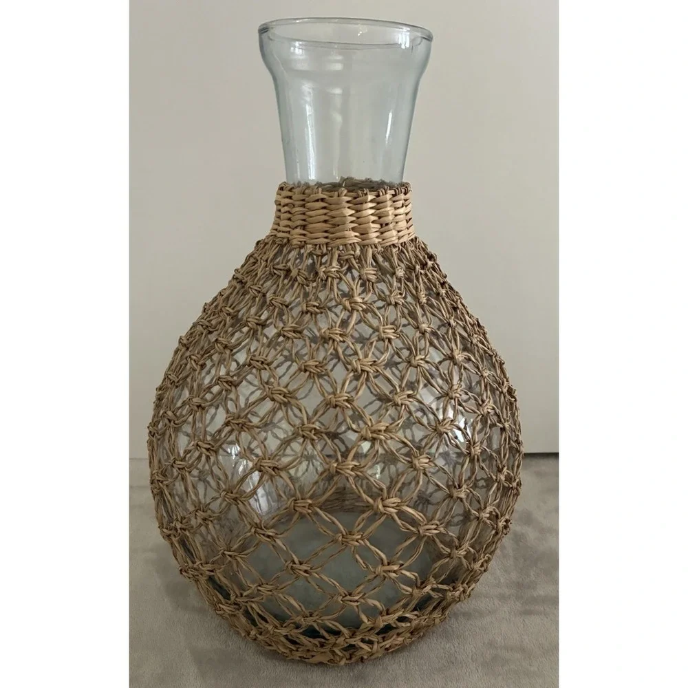 Wicker Wrapped Glass Vase 13x9" Boho‎ Rustic Farmhouse - Picture 2 of 7